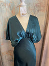 Short Sleeve Emerald Satin Long Dress