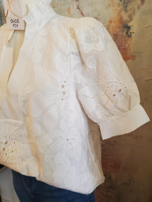 Puff Sleeve White  Embroidered V Neck Top