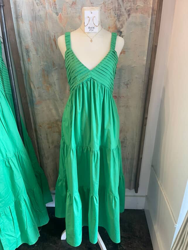 Tiered Green Maxi Dress with Pockets
