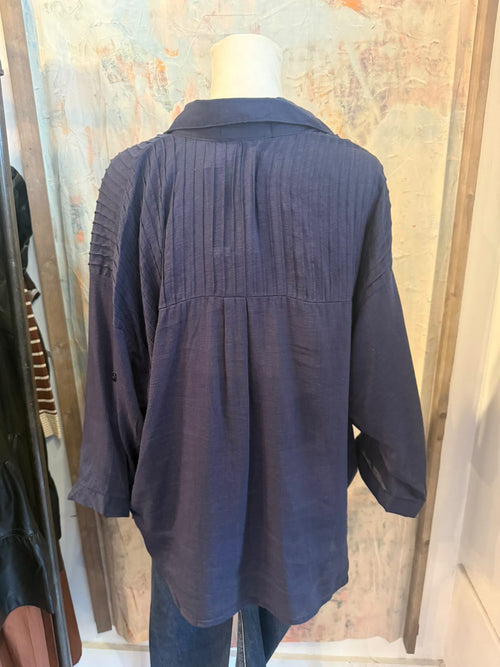 Navy Roll Up  Sleeve Top
