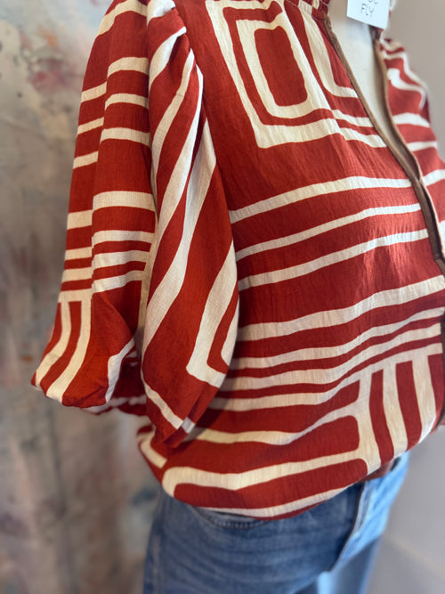 Puff Sleeve Print Top with Border Detail