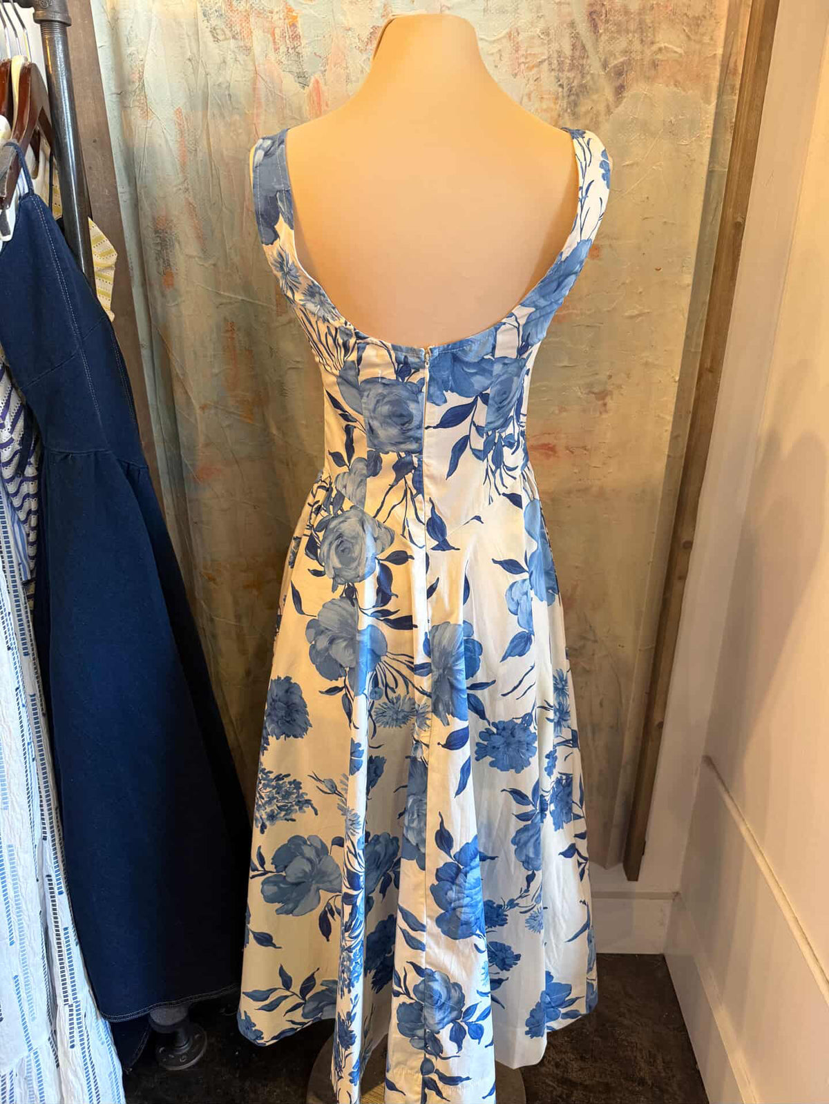 Cream Blue Floral Dress with Zip Back Detail
