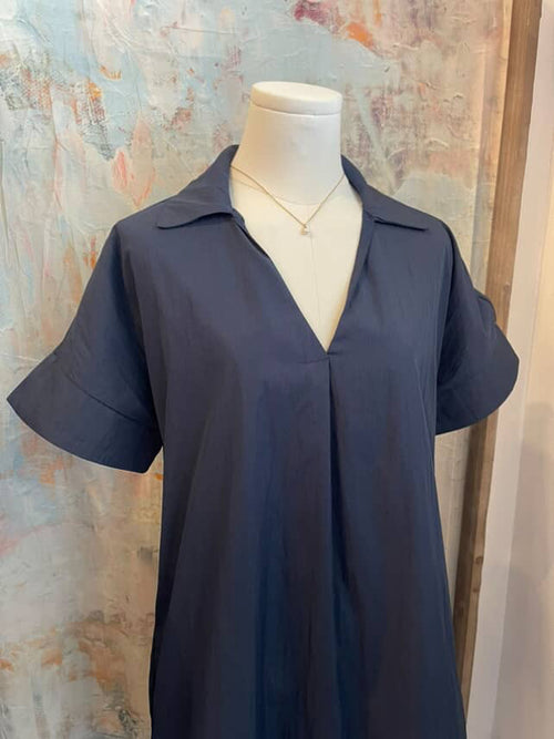 Short Sleeve V Neck Navy Pocket Dress
