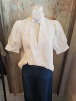 Puff Sleeve White  Embroidered V Neck Top