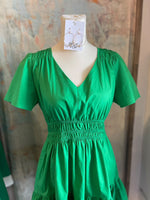 V Neck Poplin Dress with Elastic Waist Detail