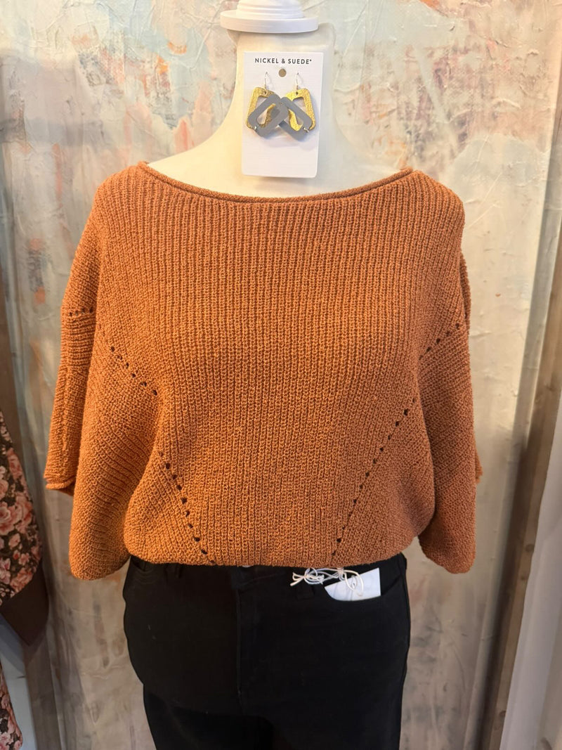 Short Sleeve Knit Rust Sweater Top