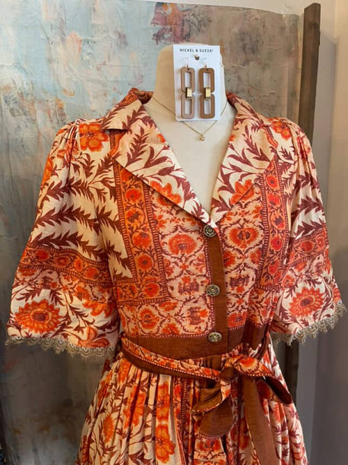 Print Tie Waist Trim  Detail Dress with Pockets