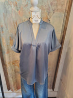 Cuff Short Sleeve  V Neck Top