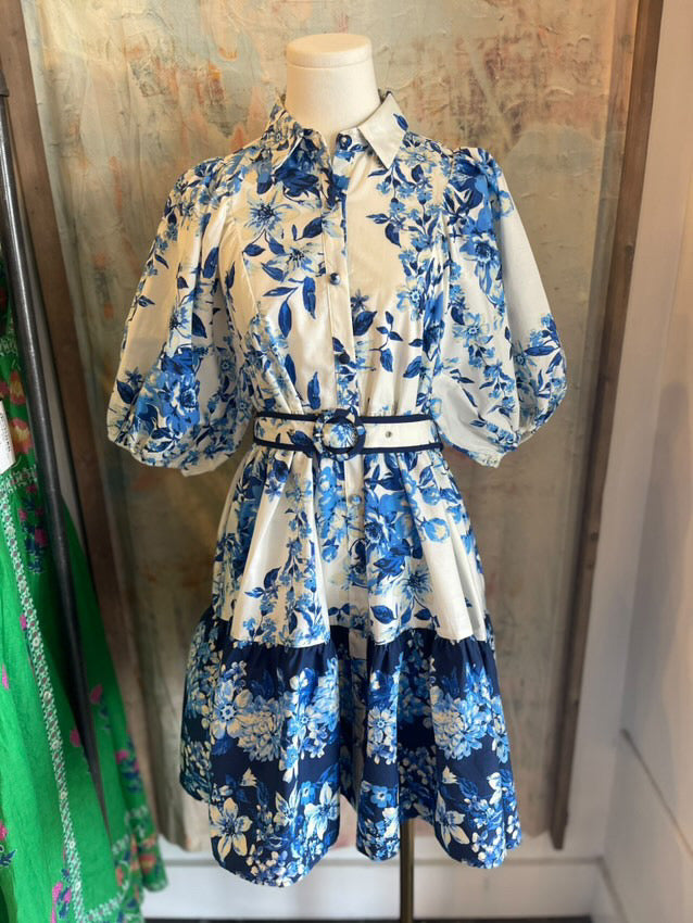 Blue White Floral Belt Detail Dress