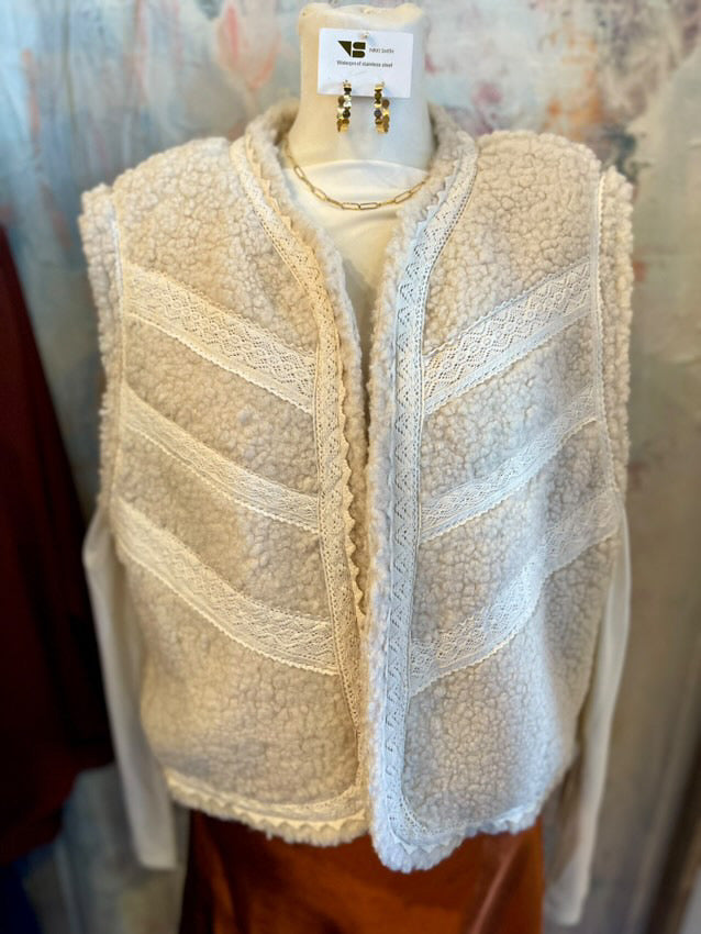 Lace Trim Shearling Vest