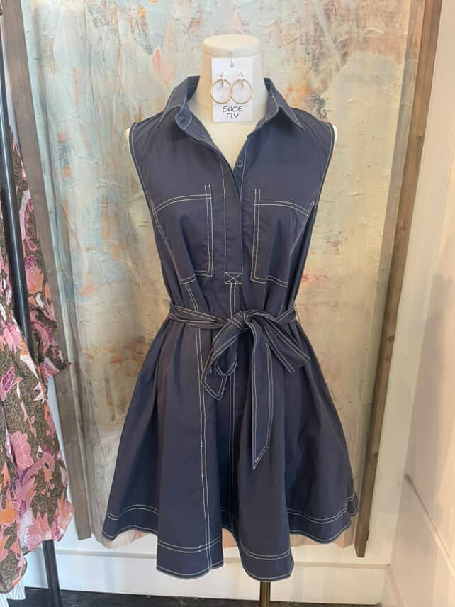Navy Top Stitch Shirt Dress