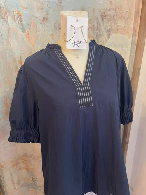 Stitch Detail Short Sleeve V Neck Top