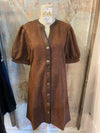 Brown Puff Sleeve Button Up Suede Dress
