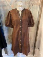 Brown Puff Sleeve Button Up Suede Dress