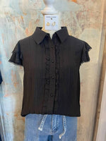 Flutter Sleeve Button Down Black Top