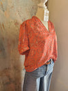 V Neck Half Sleeve Blouse with Smock Cuff