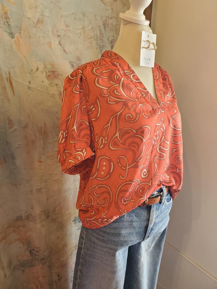 V Neck Half Sleeve Blouse with Smock Cuff