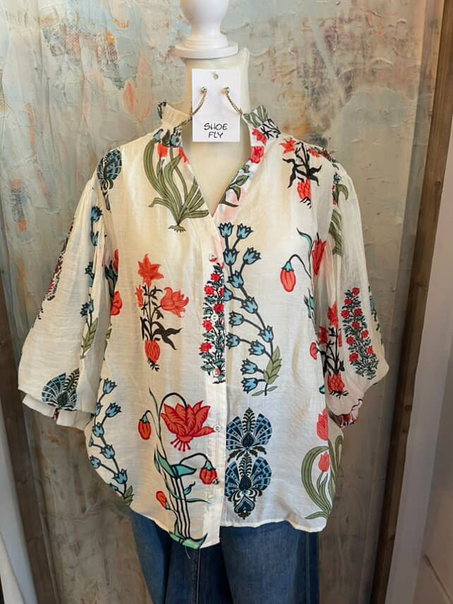3/4 Printed Button Down Top
