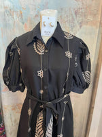Black Embroidered Tie Waist Dress