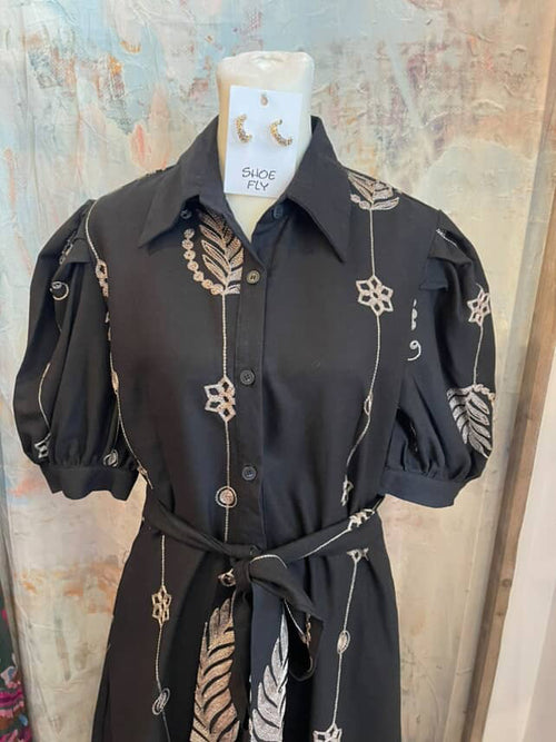 Black Embroidered Tie Waist Dress