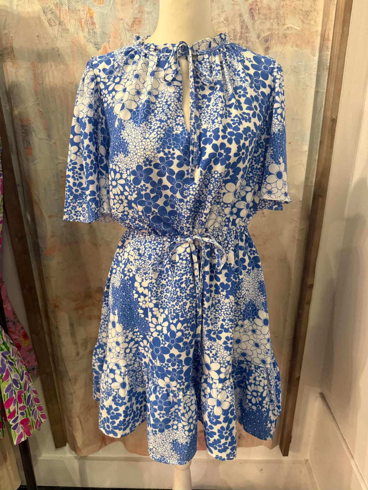White Blue Floral Pocket Dress with Drawstring