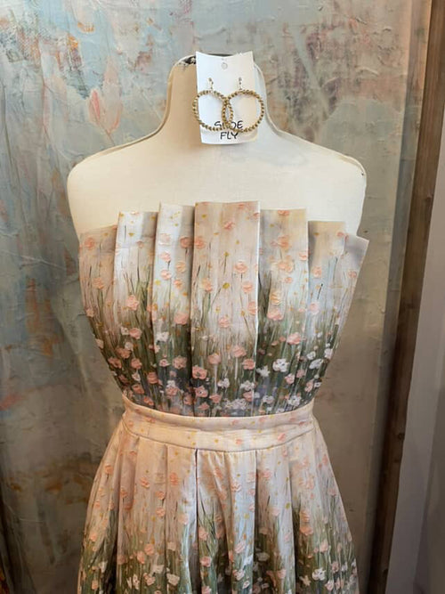 Strapless Pleat Detail Floral Dress with Pocket