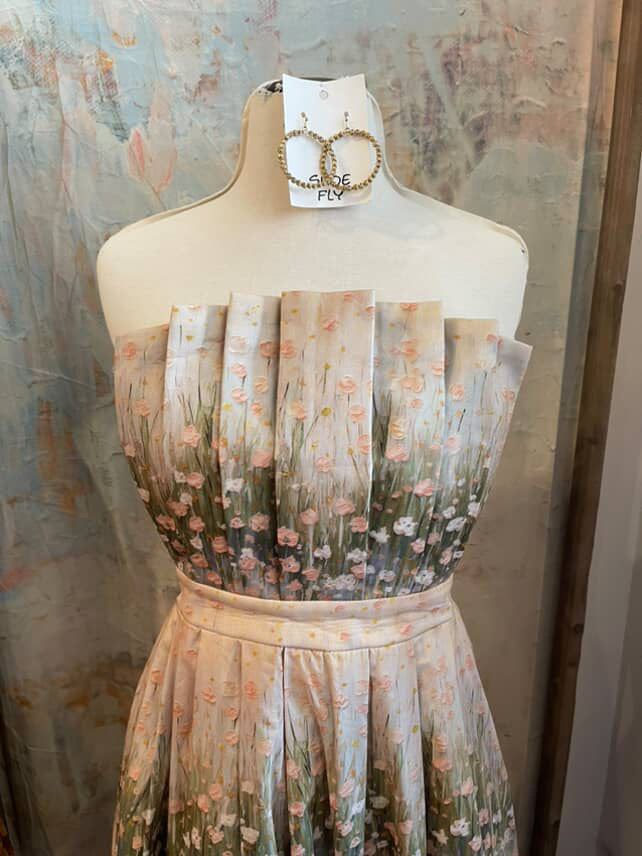 Strapless Pleat Detail Floral Dress with Pocket