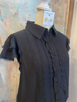 Flutter Sleeve Button Down Black Top