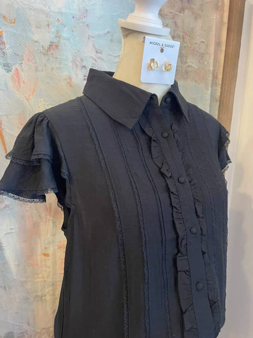 Flutter Sleeve Button Down Black Top
