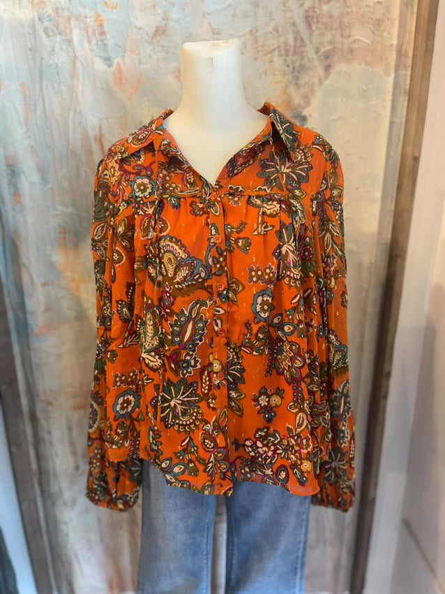 Rust Multi Print Blouse with Tie Neck