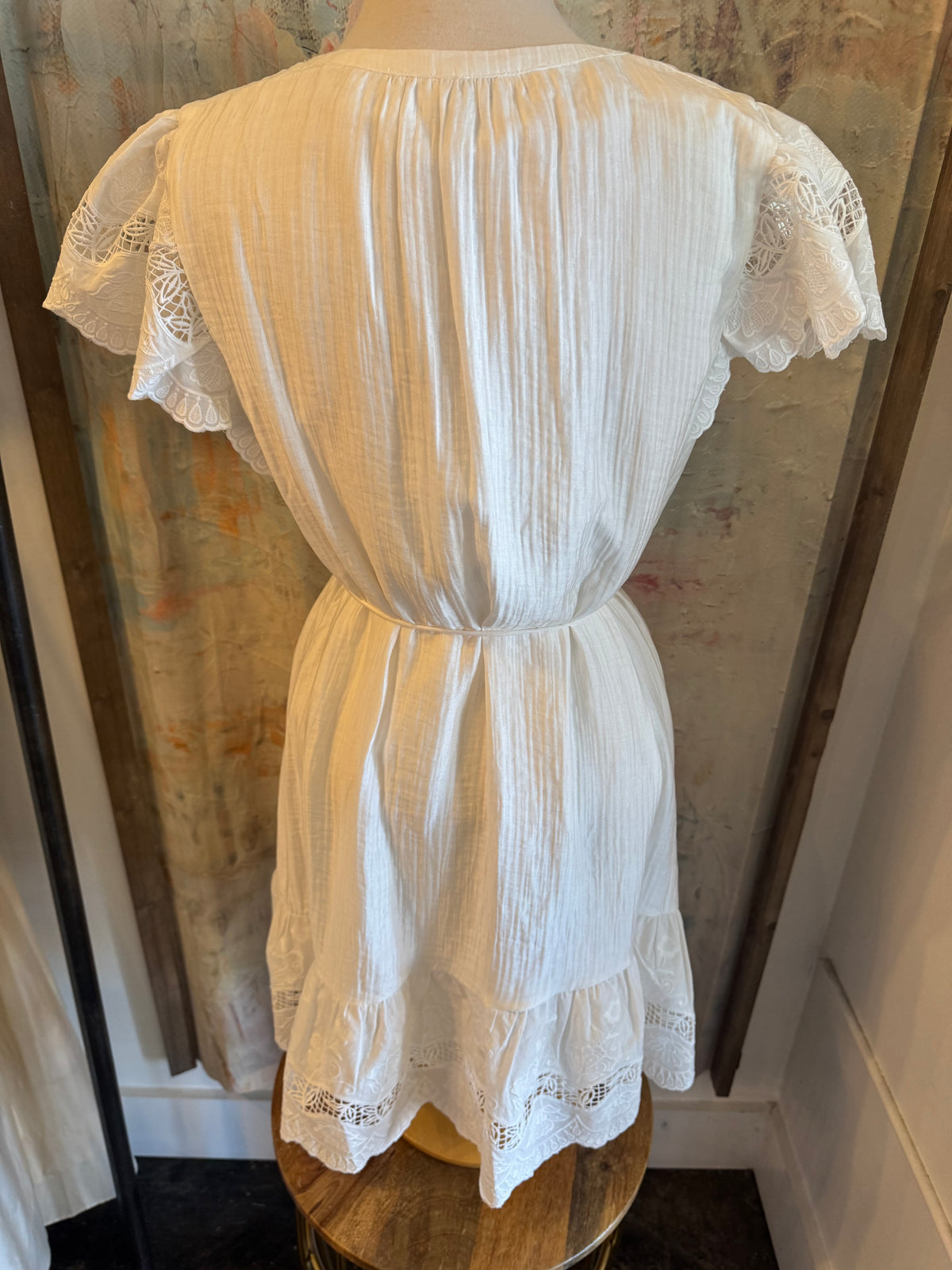 Split Neck Waist Tie Dress with Embroidery Detail
