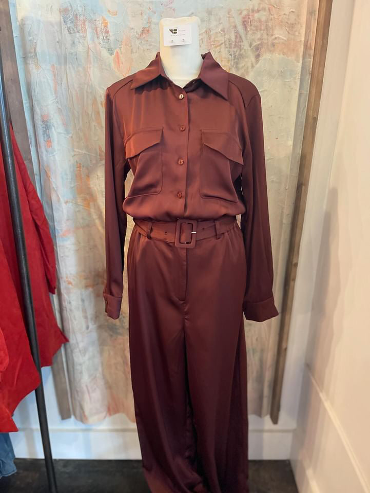 Satin Button Down Belted Jumpsuit