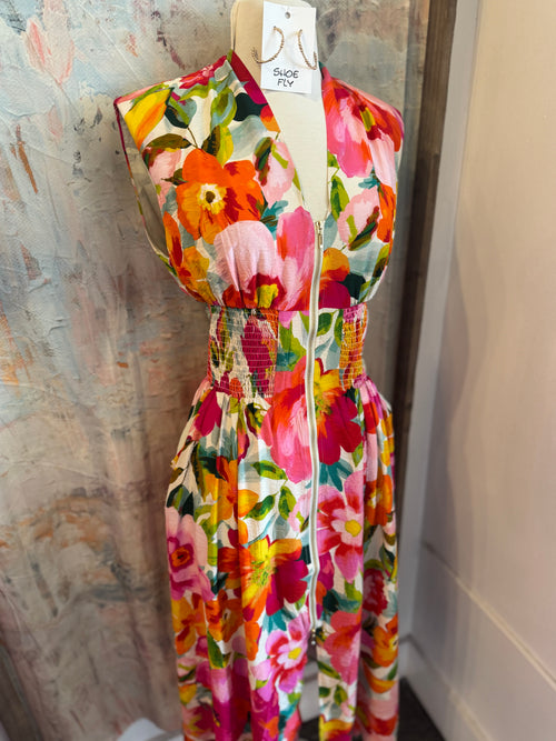 Zip Front Floral Elastic Waist Dress