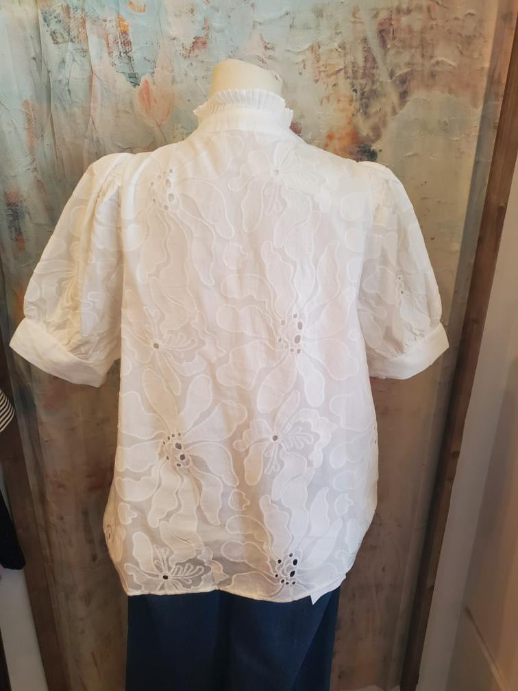 Puff Sleeve White  Embroidered V Neck Top