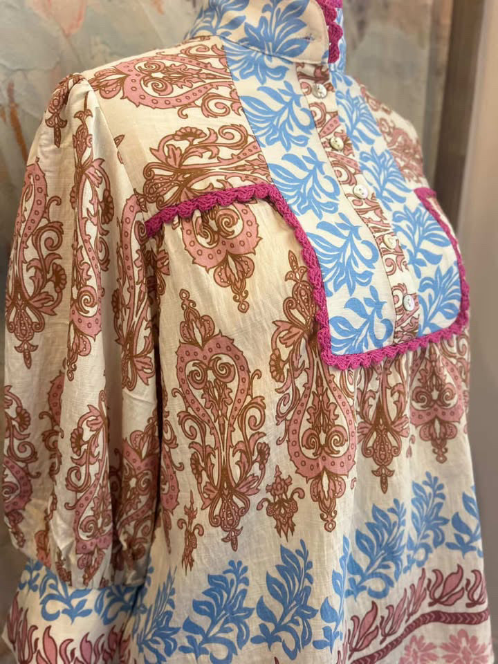 Tri Print Top with Button Detail