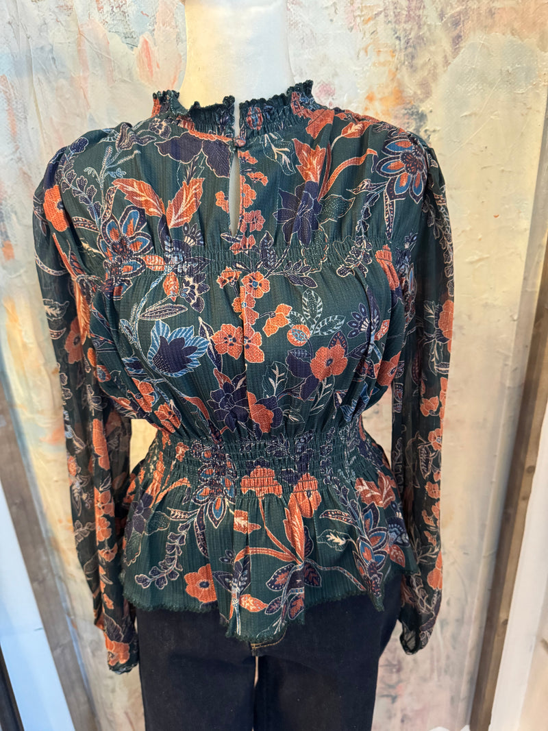 Dark Green Long Sleeve Smock Detail Top