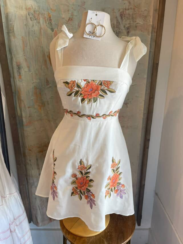 Tie Shoulder Embroidery Mini Dress
