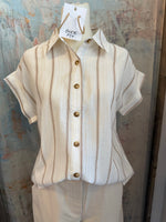 Pinstripe Short Cut Sleeve Button Top