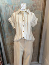 Pinstripe Short Cut Sleeve Button Top