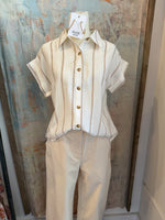 Pinstripe Short Cut Sleeve Button Top