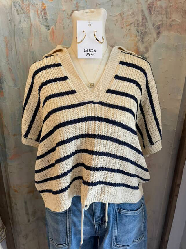 Stripe Pattern Collared Short Sleeve Top
