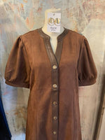 Brown Puff Sleeve Button Up Suede Dress