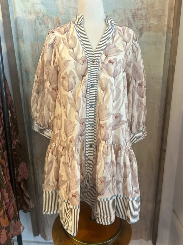 Border Print 3/4 Floral Dress with Pockets