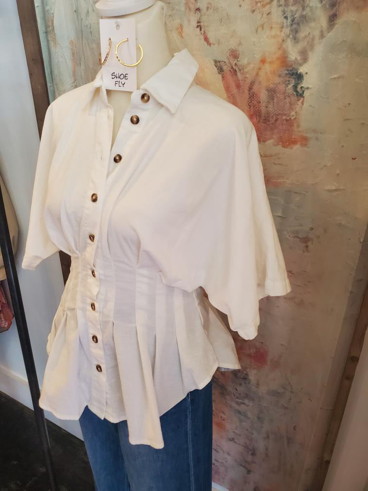 Collar V Neck Pleated Short Sleeve Top