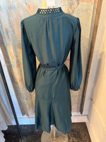 Split Neck Long Sleeve Tie Waist Teal Dress