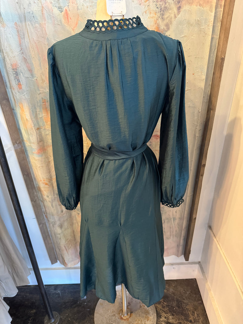 Split Neck Long Sleeve Tie Waist Teal Dress