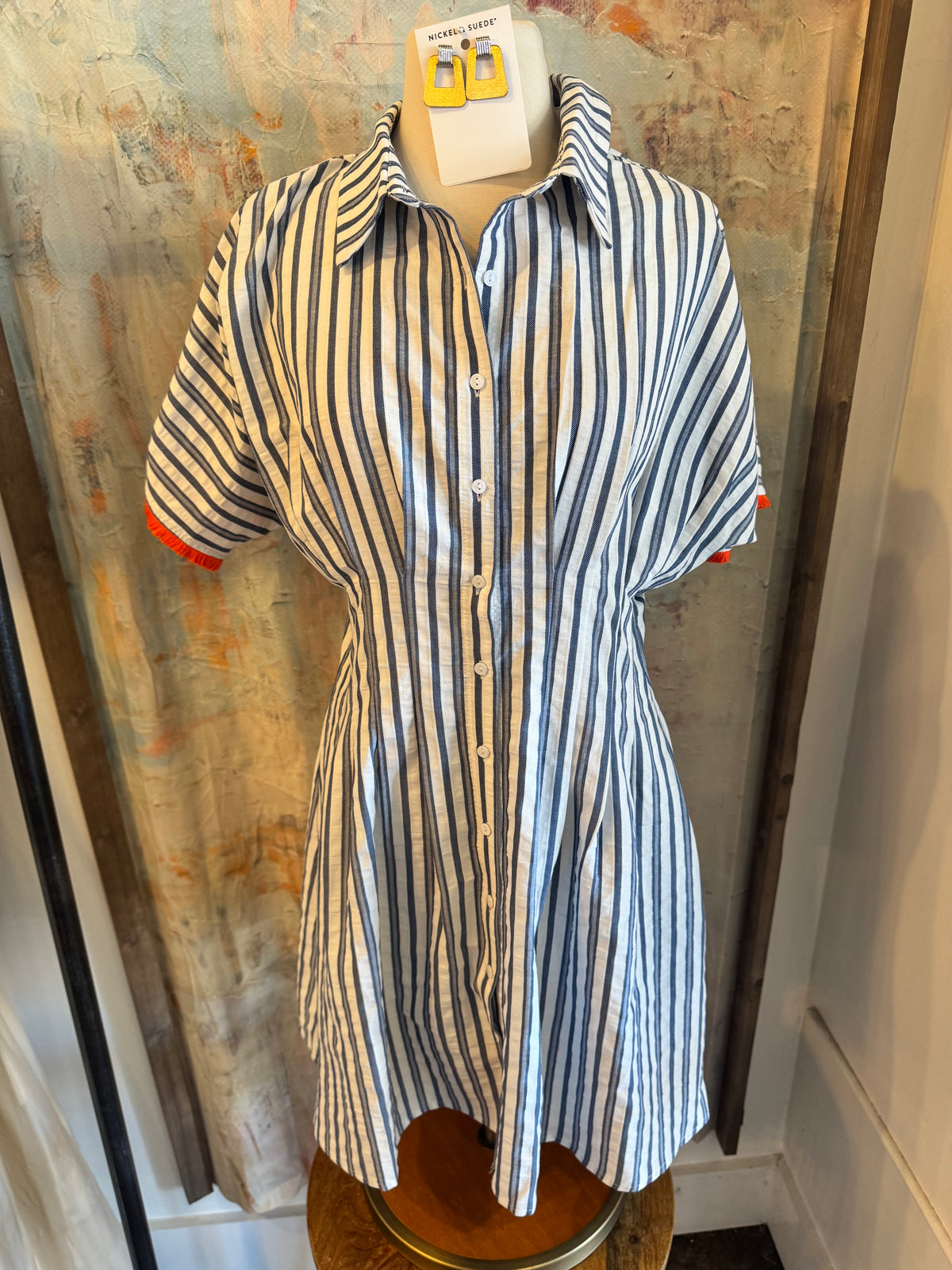 Stripe Shirt Dress with Orange Tassel Detail