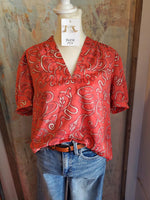 V Neck Half Sleeve Blouse with Smock Cuff