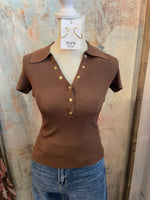 Gold Snap Button Short Sleeve Sweater Top