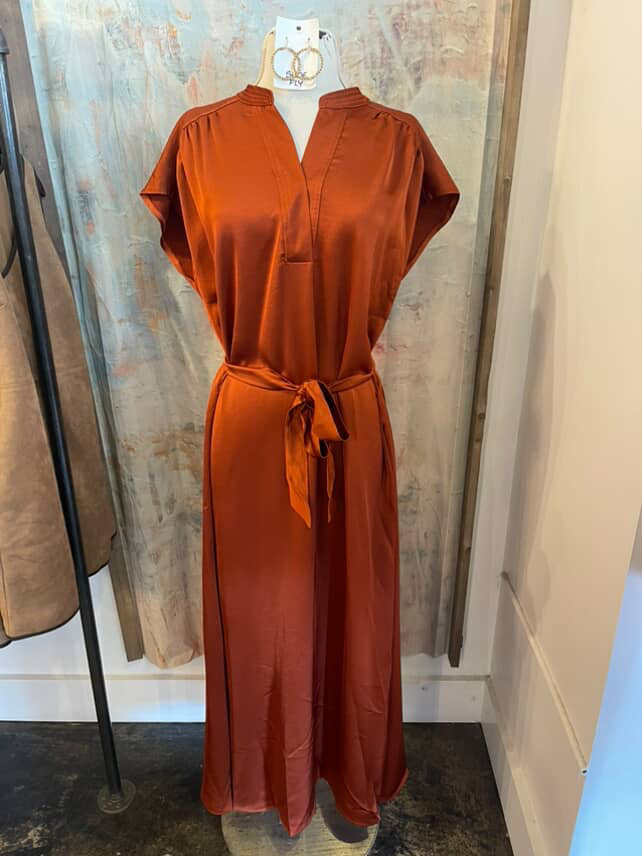Short Sleeve Satin V Neck Midi Dress